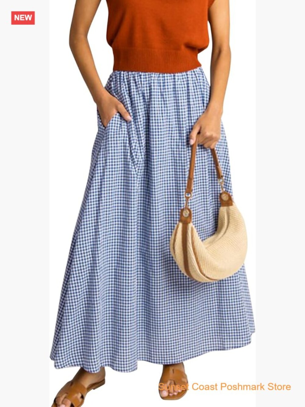 Women's Summer Long Plaid Maxi Skirt Elastic Pleated A-Line with Pockets